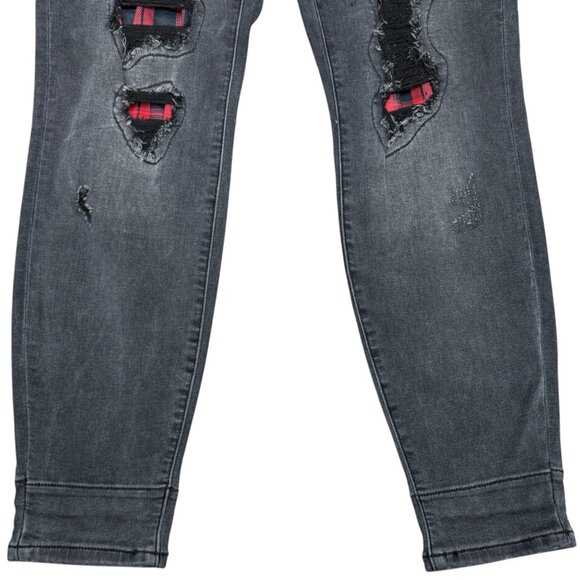 EUC Women's JUDY BLUE Rayann Buffalo Plaid Patch Jeans Faded Black | Size 14 W - Picture 7 of 13